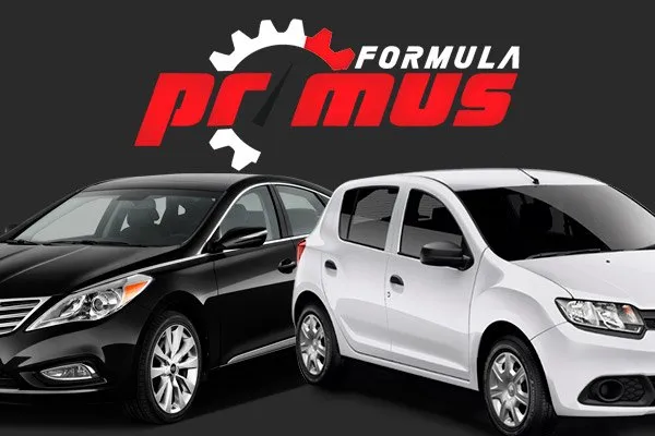 Montagem de divulgação da Fórmula Primus com um sedã preto e um hatch branco ao lado do logotipo